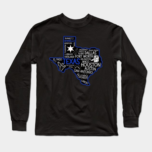 Amarillo Texas cute map Houston San Antonio Dallas Austin Fort Worth El Paso Long Sleeve T-Shirt by BoogieCreates